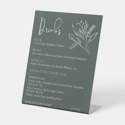Minimalist Floral Wedding Drinks Bar Menu Pedestal Sign