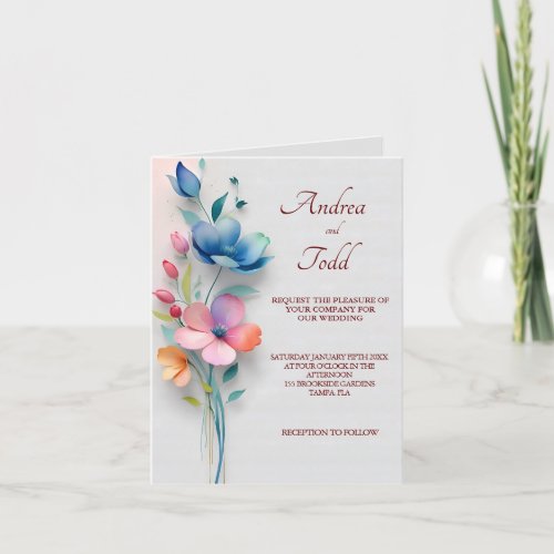 Minimalist floral wedding folded invitation