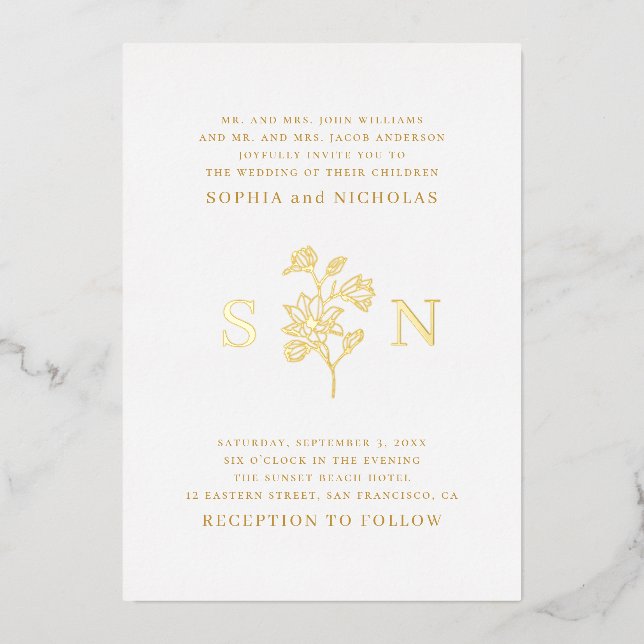 Minimalist Floral Wedding | Luxury Gold Monogram Foil Invitation (Front)