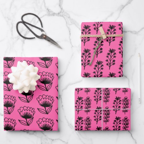 Minimalist Floral Whimsical Bold Hot Pink  Cute Wrapping Paper Sheets