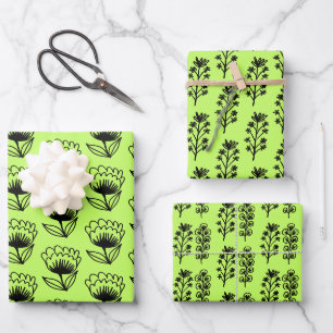 Minimalist Floral Whimsical Bold Neon Green Cute Wrapping Paper Sheets