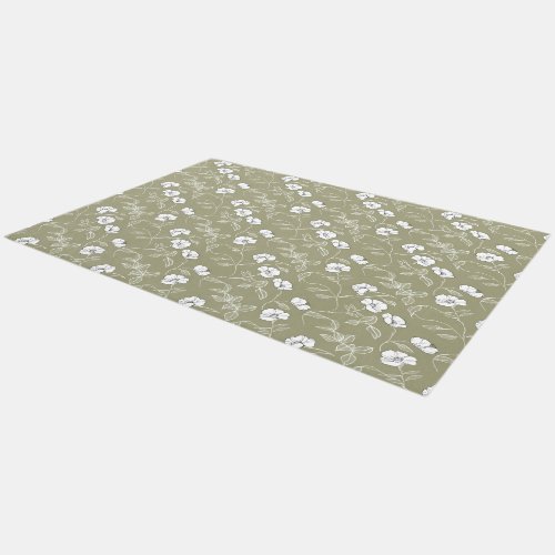 Minimalist Floral White Botanical Olive Green Are Outdoor Rug