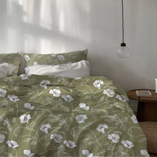 Minimalist Floral White Botanical Olive Green Duvet Cover