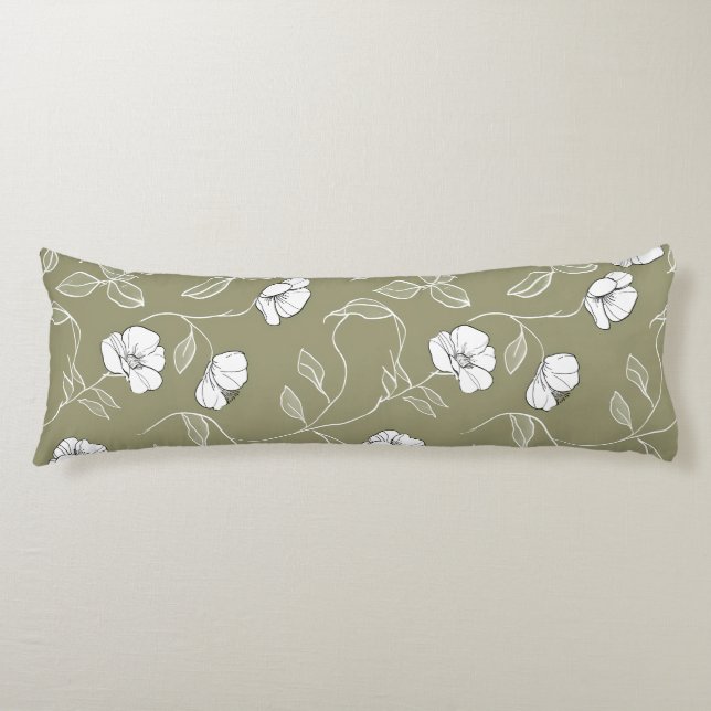 Minimalist Floral White Line Art Olive Green Body Pillow (Front)