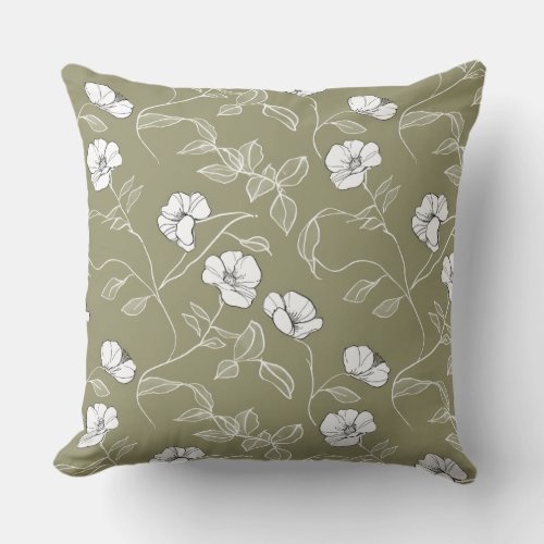 Minimalist Floral White Line Art Olive Green Throw Pillow