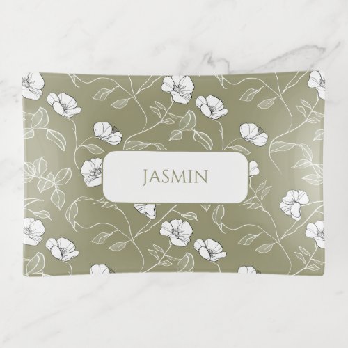 Minimalist Floral White Olive Green Name Jewelry Trinket Tray