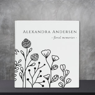 Minimalist Floral Wildflowers Black and White 3 Ring Binder