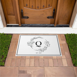 Minimalist Floral Wreath Monogram Doormat
