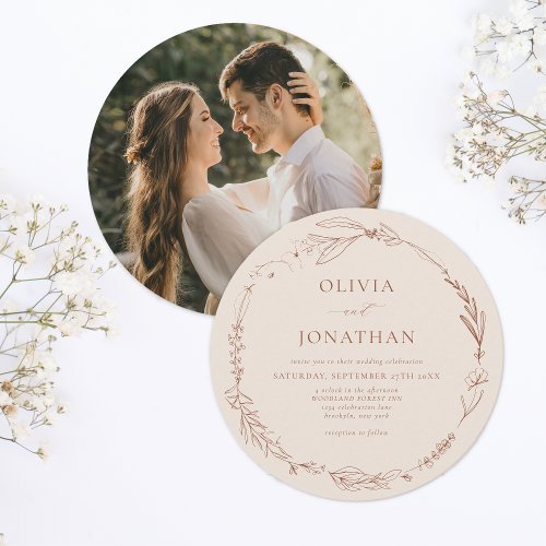 Minimalist Floral Wreath Terracotta Photo Wedding Invitation