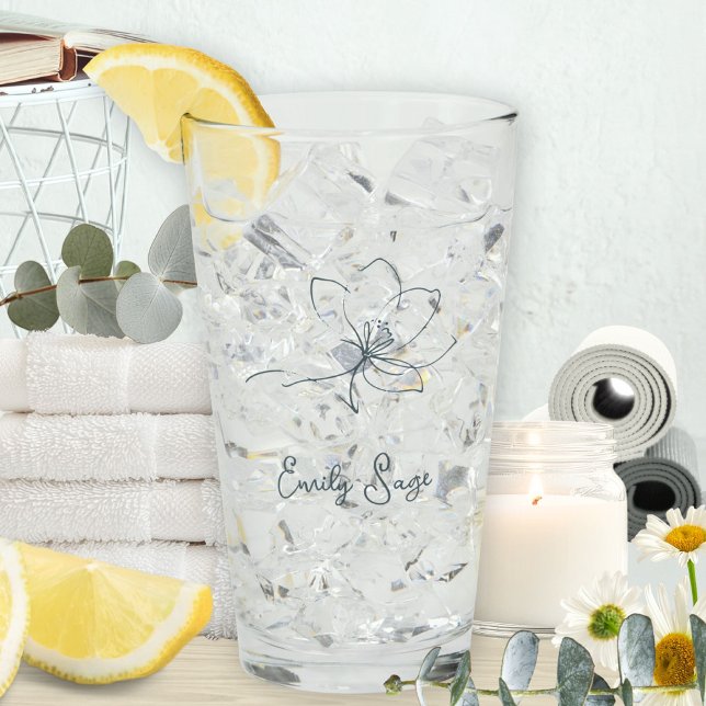 Minimalist Floral Zen Line Art Coastal Blue Glass (Minimalist Floral Line Art Zen Coastal Blue Glass ©Susanne Sachers - Sunny Wanderlust 🌞✈️)