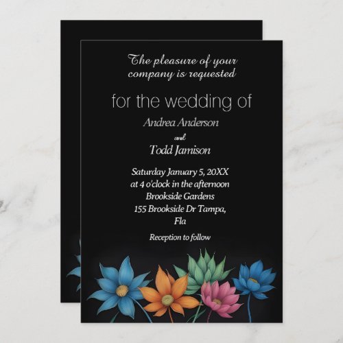 Minimalist flower contrast black wedding invitation