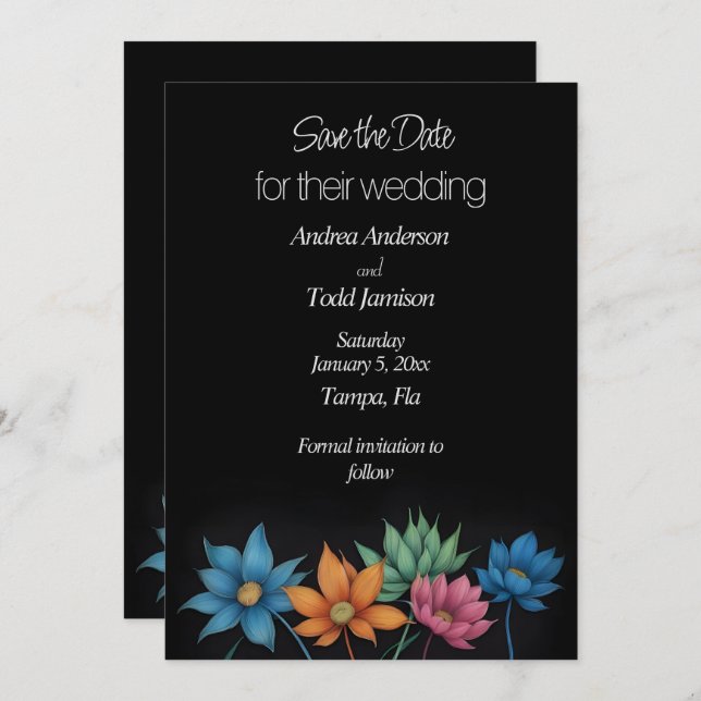 Minimalist flower contrast black wedding save the date (Front/Back)