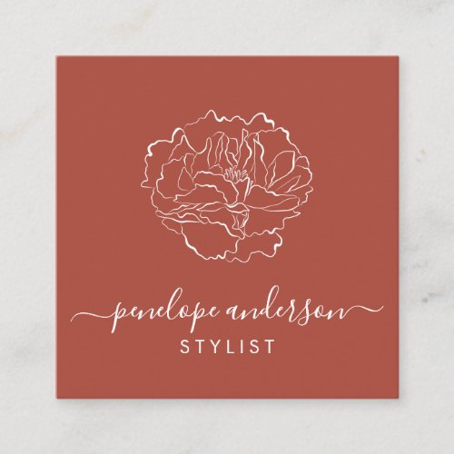 Minimalist Flower Line Art Typography Terracotta  Square Business Card