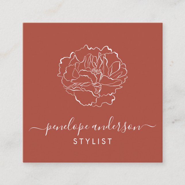 Minimalist Flower Line Art Typography Terracotta  Square Business Card (Front)