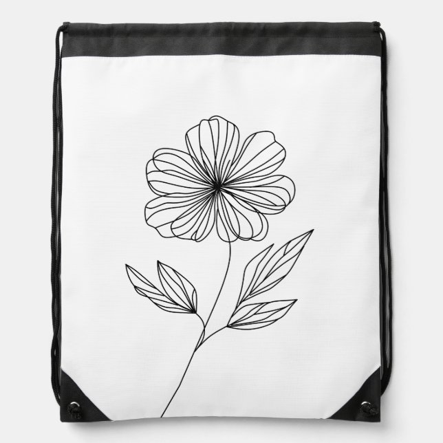 Minimalist Flower Line Drawing black and white  Drawstring Bag (Front)