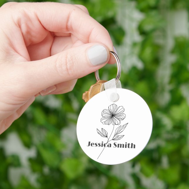 Minimalist Flower Line Drawing custom name Keychain (Creator Uploaded)