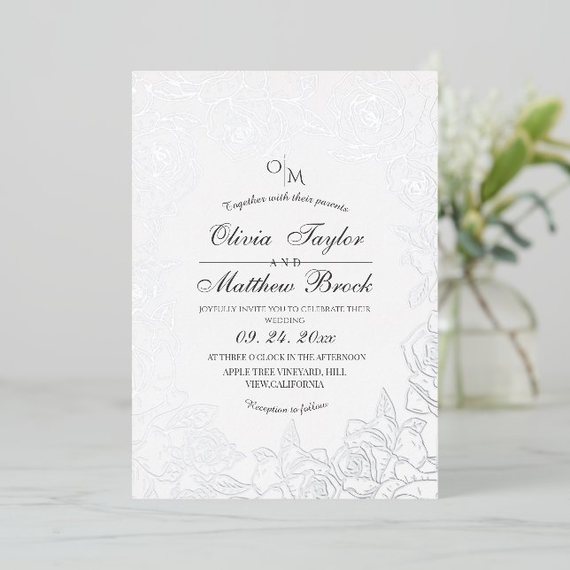  Minimalist Flowers Silver Foil and black Wedding Invitation (Standing Front)