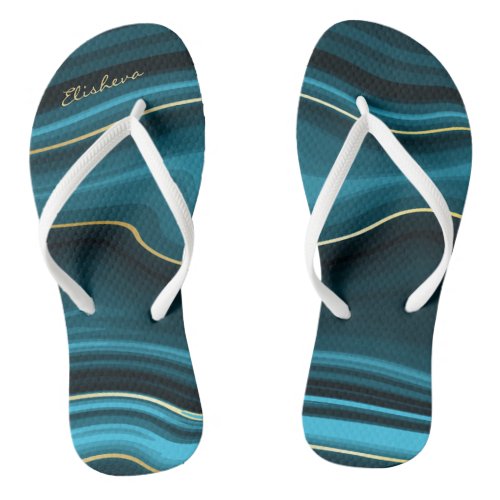 Minimalist Flowing Teal Turquoise  Gold Agate  Flip Flops