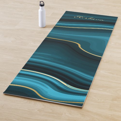 Minimalist Flowing Teal Turquoise  Gold Agate  Yoga Mat