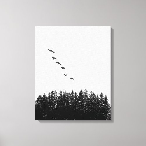 Minimalist Flying Geese and Pine Tree Monochrome Canvas Print