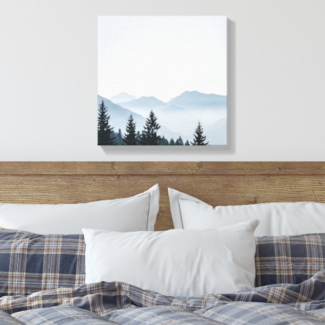 Minimalist Foggy Mountain Forest Canvas Print (Insitu(Bedroom))