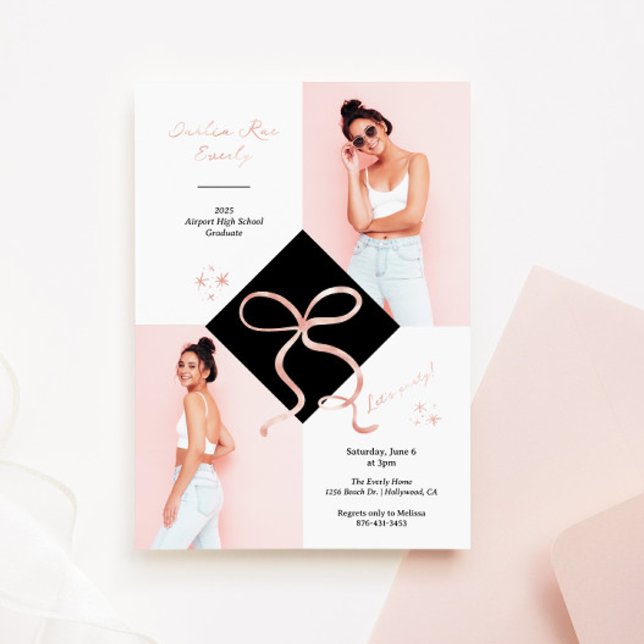 Minimalist Foil Bow Graduation Photo Invitation (Feminine Grad Cap and Foil Bow Graduation Invitation)