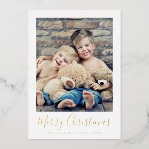 Minimalist Foil Christmas Year In Review Portrait Foil Holiday Card