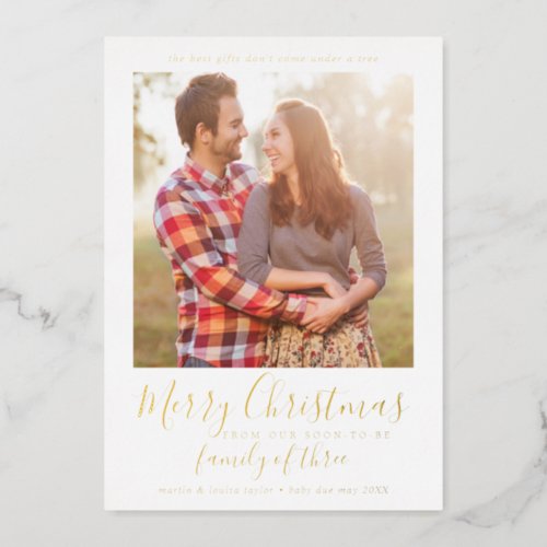 Minimalist Foil Family of Three Pregnancy Photo Foil Holiday Card