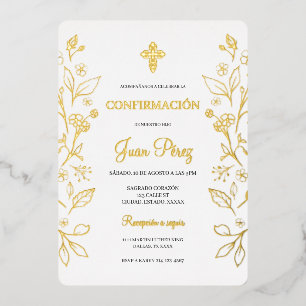 Minimalist foil gold Spanish confirmation Foil Invitation