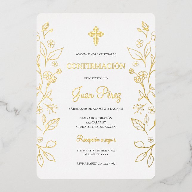 Minimalist foil gold Spanish confirmation Invitation (Front)