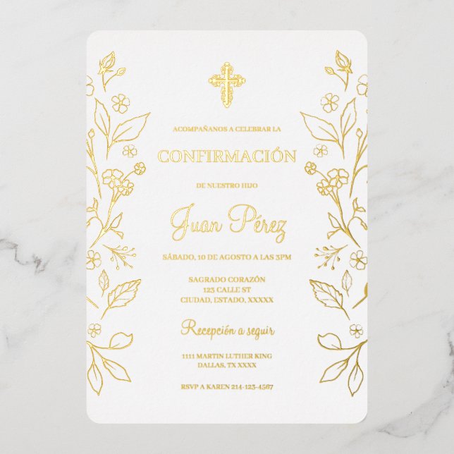 Minimalist foil gold Spanish confirmation Invitation (Front)