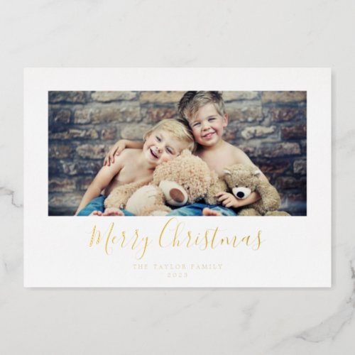 Minimalist Foil Merry Christmas Horizontal Photo F Foil Holiday Card