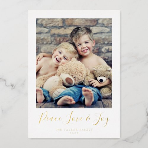 Minimalist Foil Peace Love and Joy Portrait Photo Foil Holiday Card