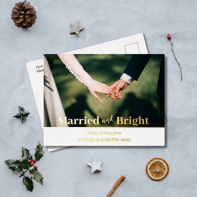 Minimalist Foil Photo Merry and Bright Newlywed  Foil Holiday Postcard (Creator Uploaded)