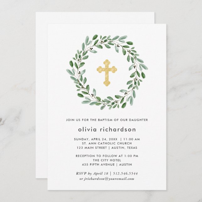 Minimalist Foliage | Baptism with Gold Cross Invitation (Front/Back)