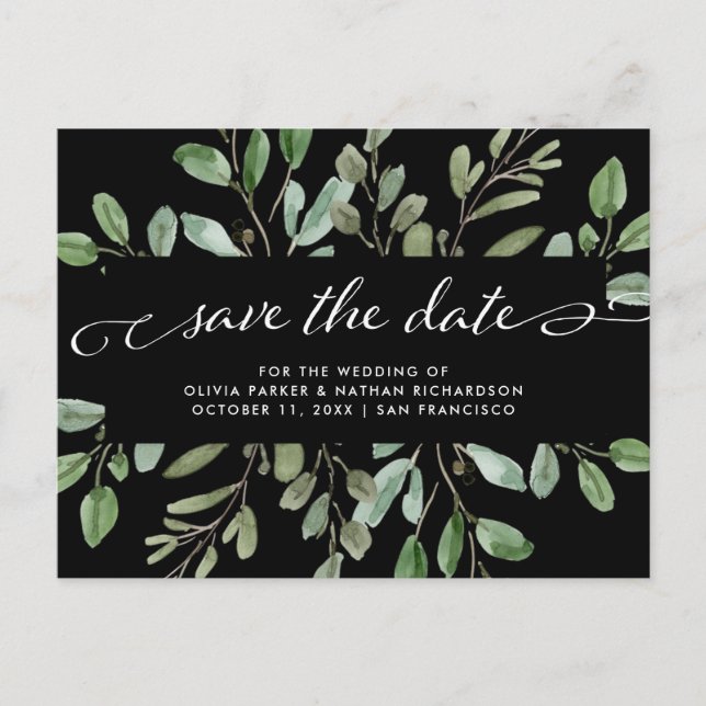 Minimalist Foliage Black | Wedding Save the Date Announcement Postcard (Front)