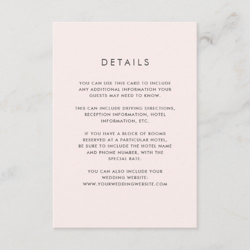 Minimalist Foliage Blush Pink Wedding Details Enclosure Card