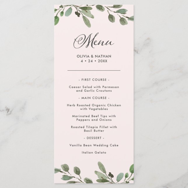 Minimalist Foliage | Blush Pink Wedding Menu (Front)