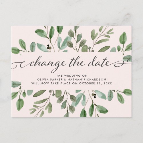 Minimalist Foliage Blush  Wedding Change the Date Announcement Postcard