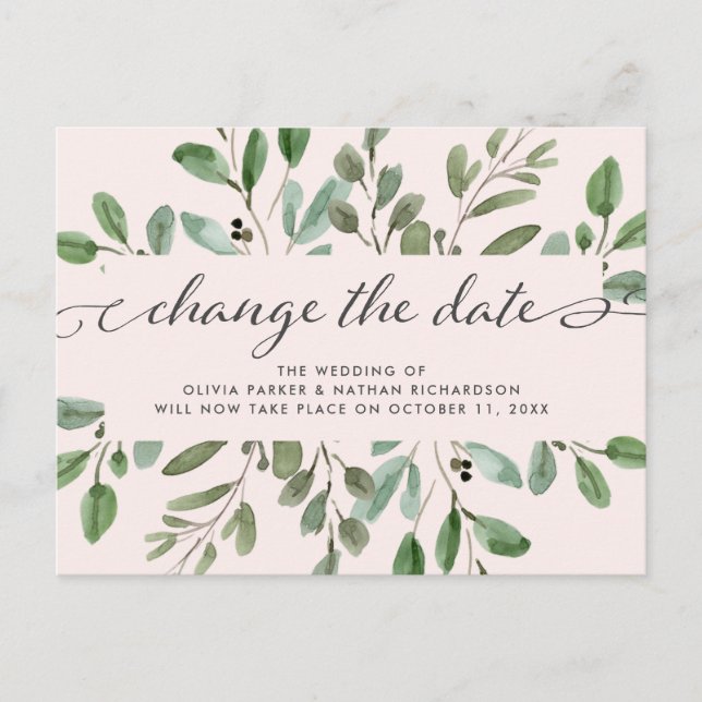 Minimalist Foliage Blush | Wedding Change the Date Announcement Postcard (Front)