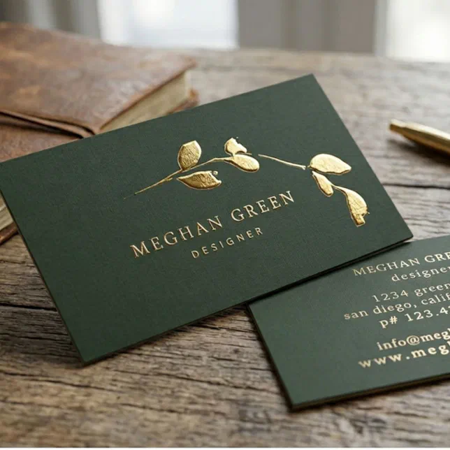 A dark green business card rests angled on a rustic wooden table, featuring an elegant design with a metallic gold foil finish, a brown leather journal and the tip of a gold pen lie on the wooden surface.