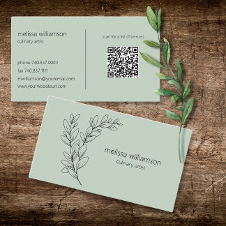 Minimalist Foliage on Sage Green with QR Code  Business Card
