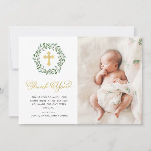 Minimalist Foliage Photo Baptism and Gold Cross Thank You Card