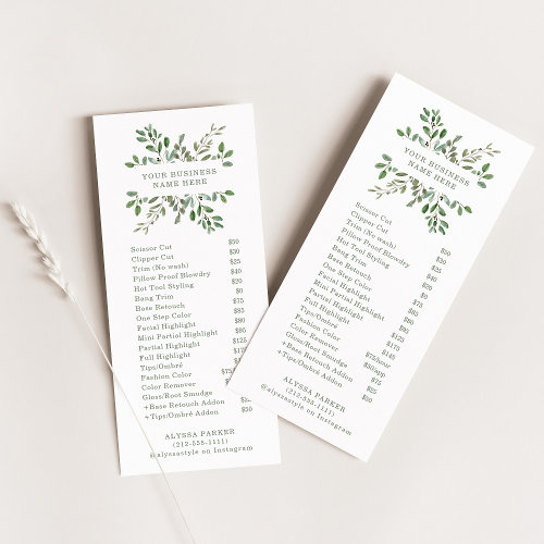 Minimalist Foliage  Salon Price List Rack Card