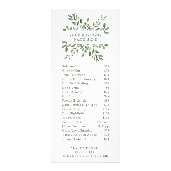 Minimalist Foliage | Salon Price List Rack Card