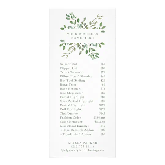 Minimalist Foliage Salon Price List Rack Card Zazzle Com