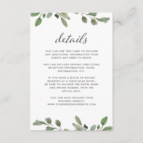 Minimalist Foliage  Wedding Guest Details Enclosure Card
