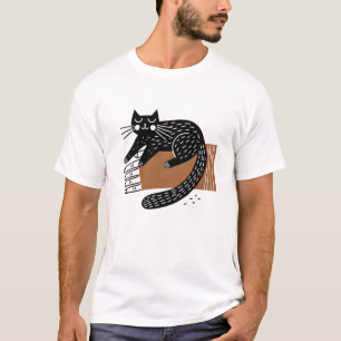 Minimalist Folk Art Black Cat Sitting on a Hand T-Shirt