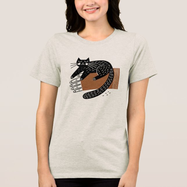 Minimalist Folk Art Black Cat Sitting on a Hand Tri-Blend Shirt (Front)