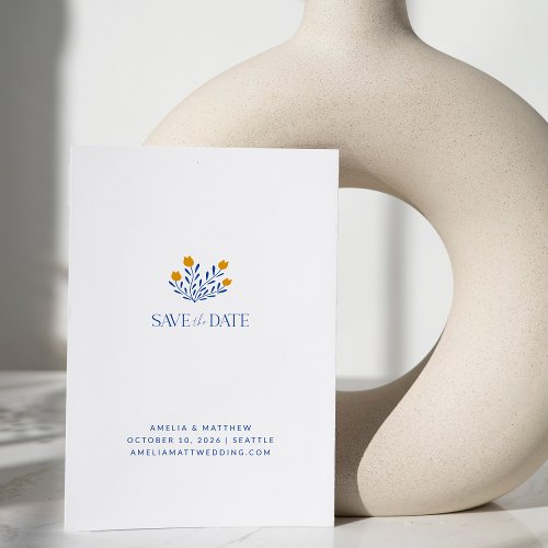 Minimalist Folk Flowers Blue Yellow Save The Date Postcard